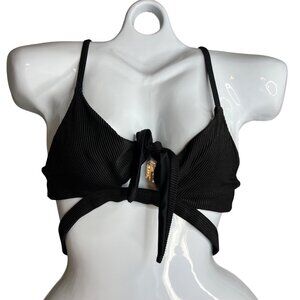 Dippin Daisys‎ Ribbed Keyhole Bikini Swim Top Size S Black Front Tie Strappy NEW